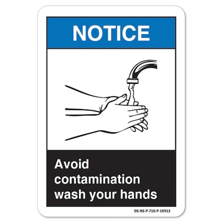 Signmission ANSI Notice, Contamination Wash Your Hands, 14in X 10in Peel & Stick Wall Graphic, RD-1014-L-19913 OS-NS-RD-1014-L-19913